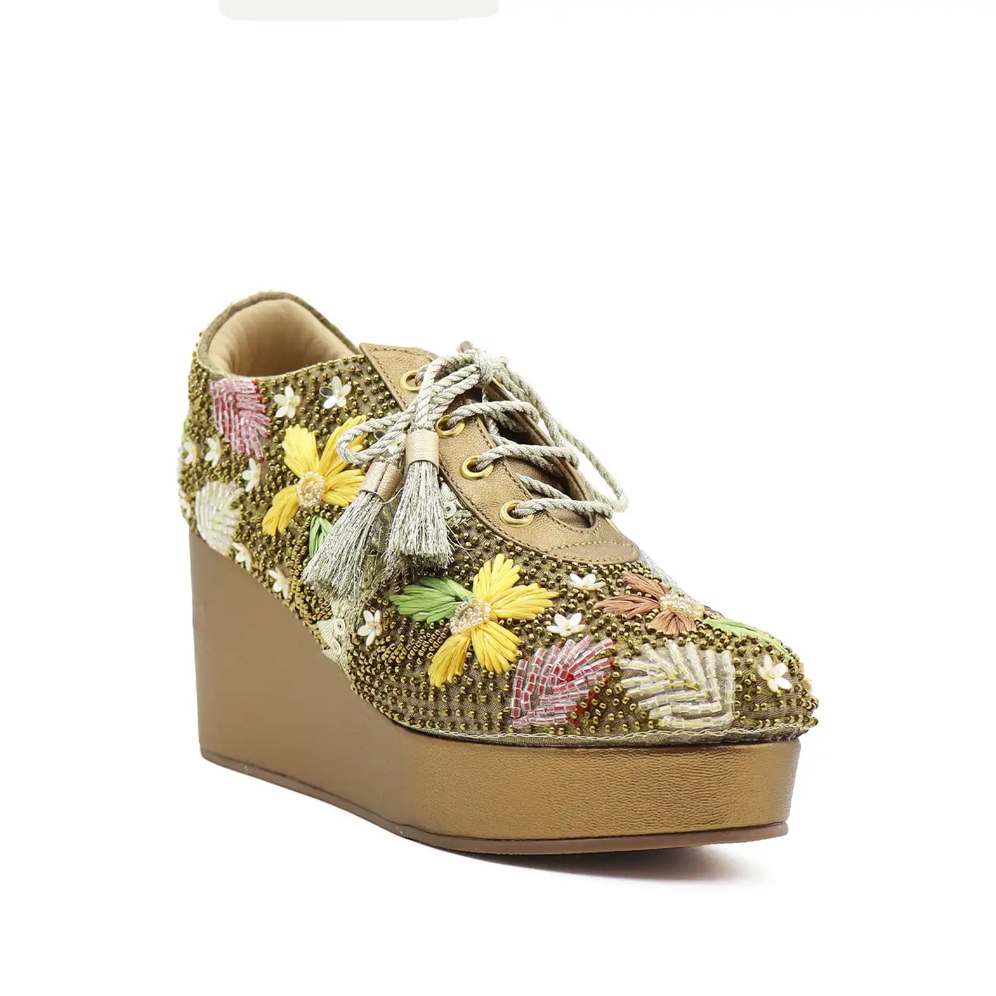 Side view of women's bridal sneakers with 3 inch heels