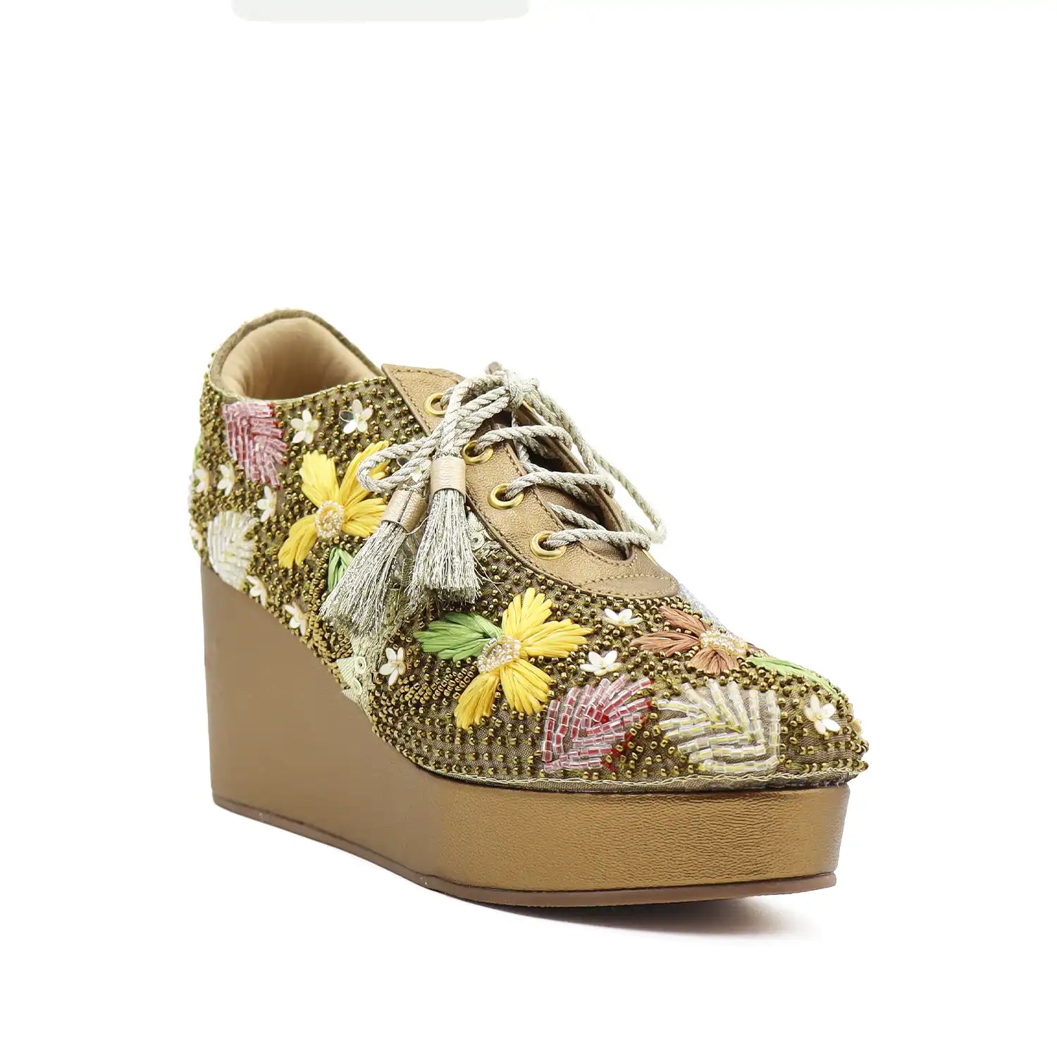 Side view of women's bridal sneakers with 3 inch heels