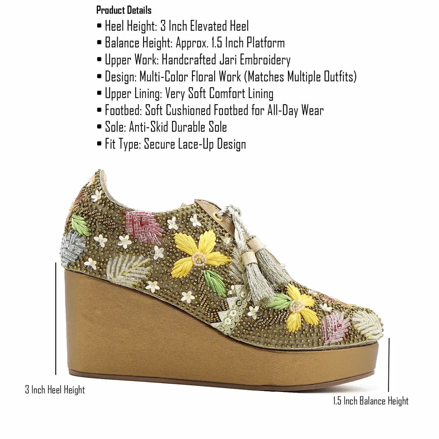 Embroidered wedge bridal shoes with floral design on a white background