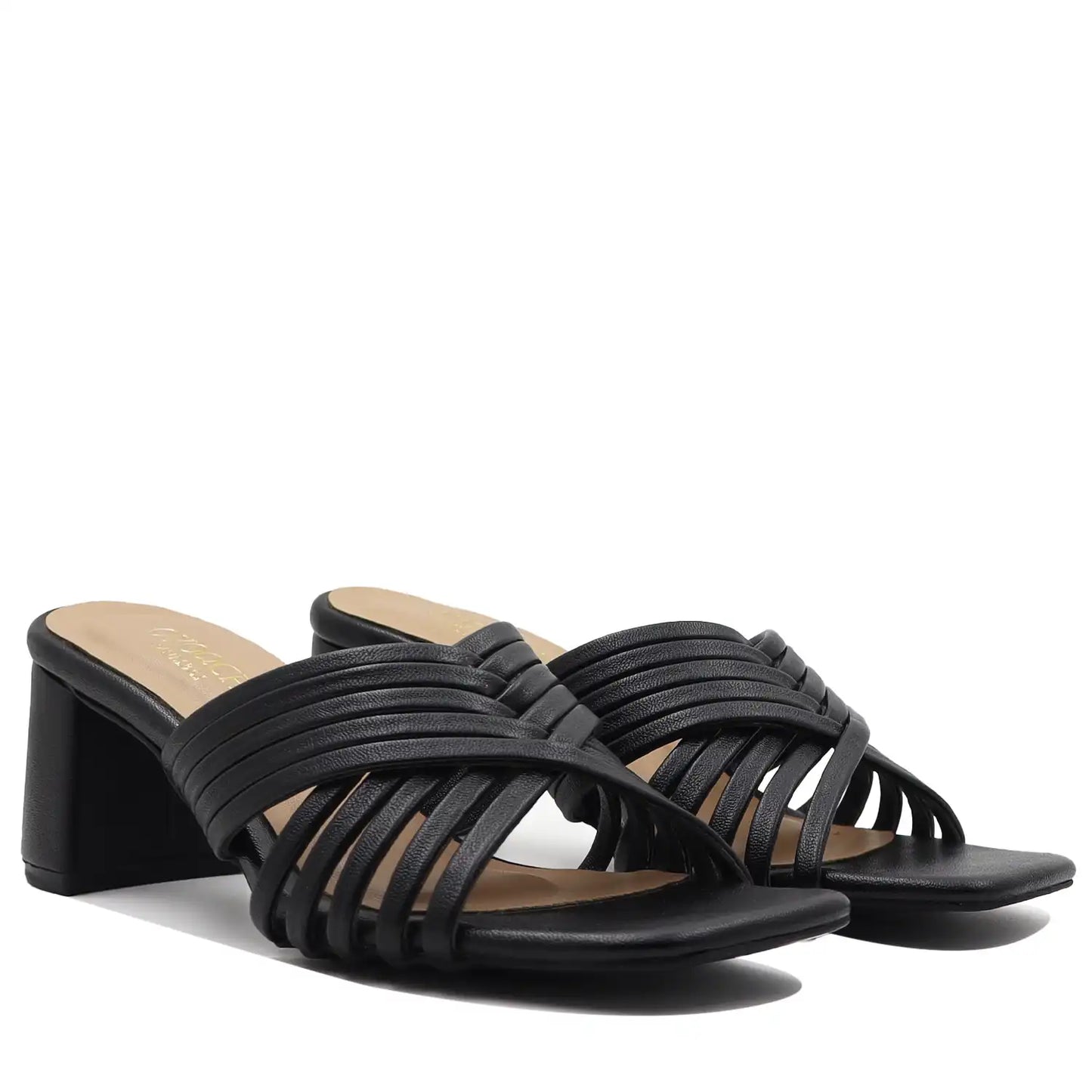 Black strappy block heel sandals on a white background