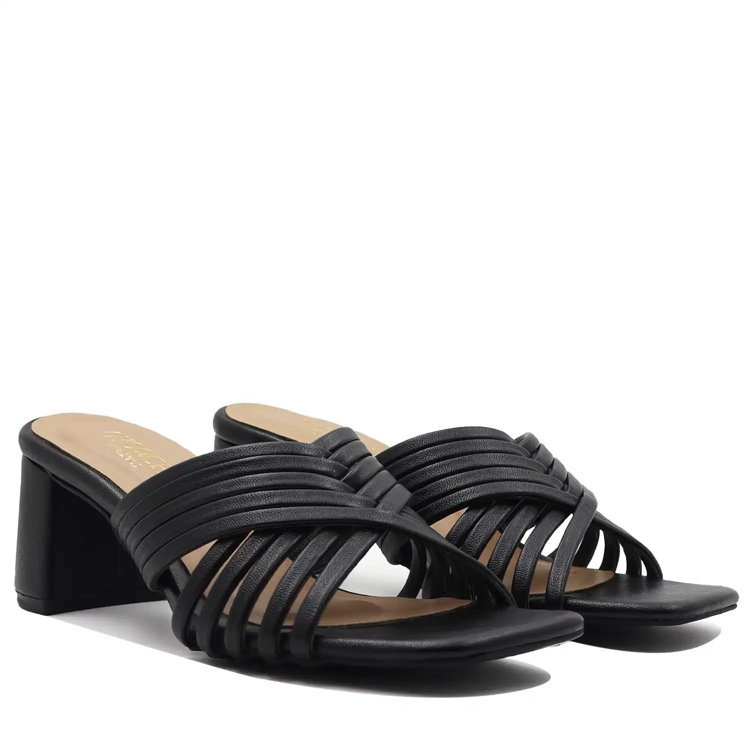 Black strappy block heel sandals on a white background