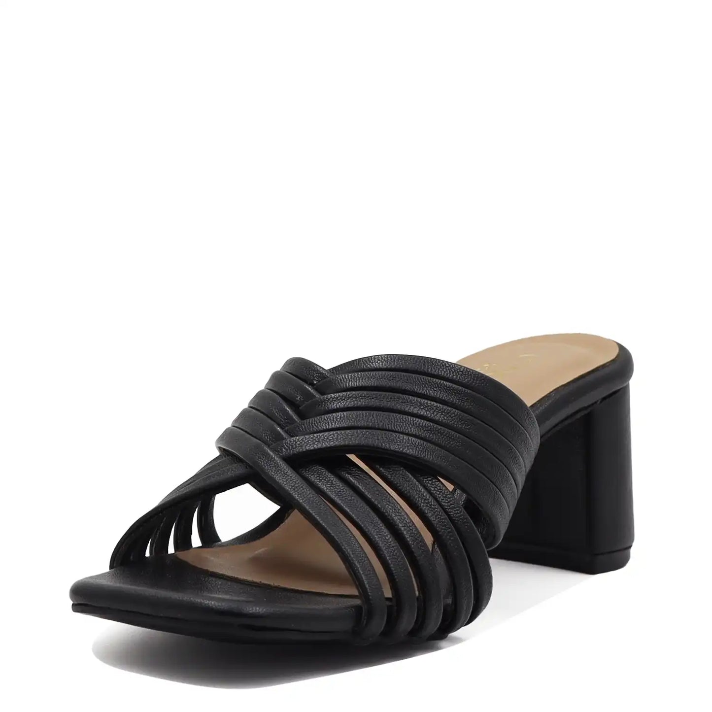 Black sandal with multiple straps on a white background
