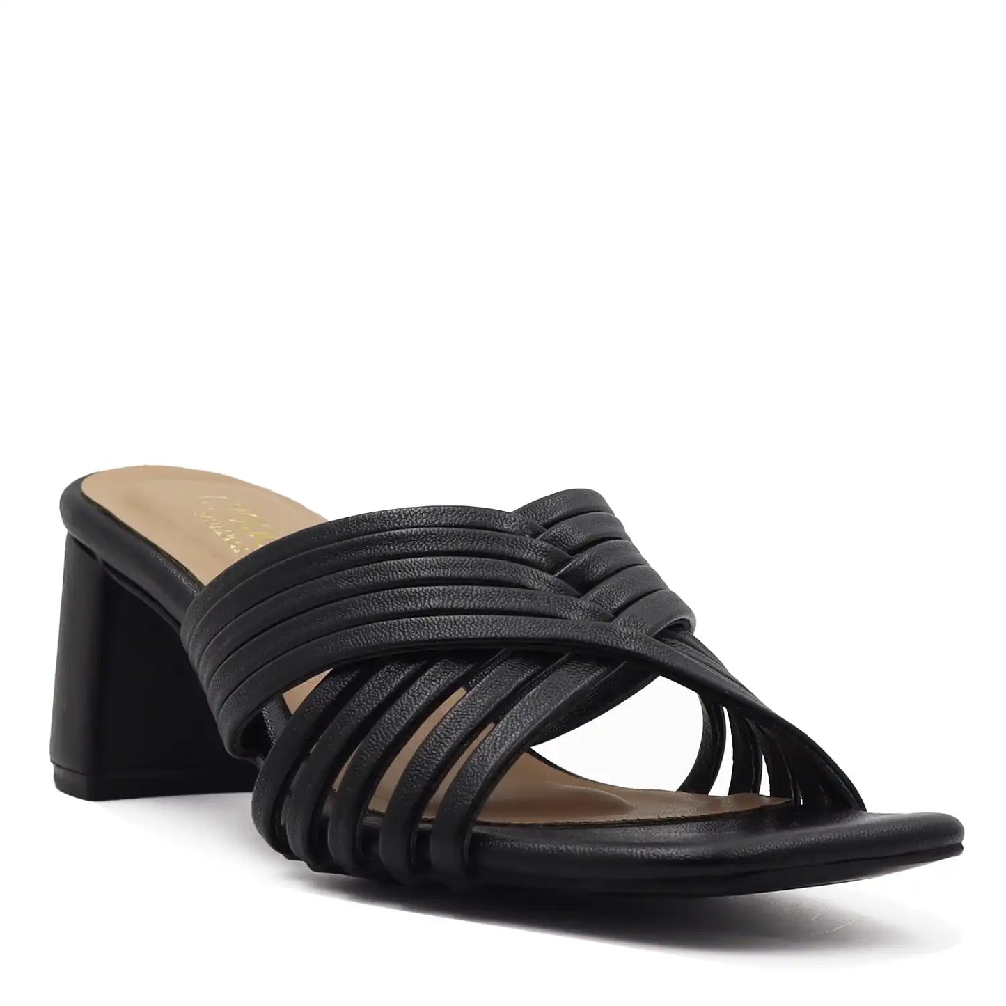 Black sandal with a block heel on a side view