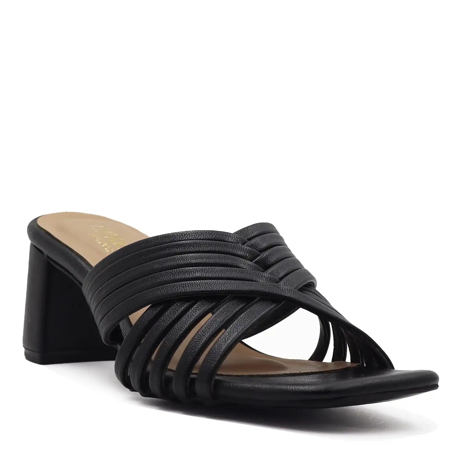 Black sandal with a block heel on a side view
