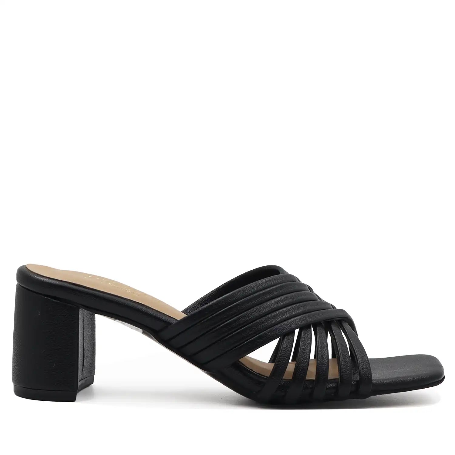 Black sandal with a block heel side profile view