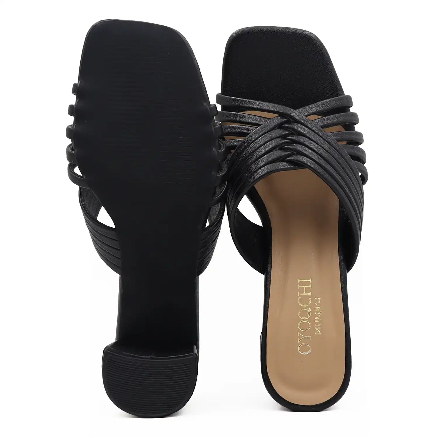 Black strappy sandals with block heel sole and top view