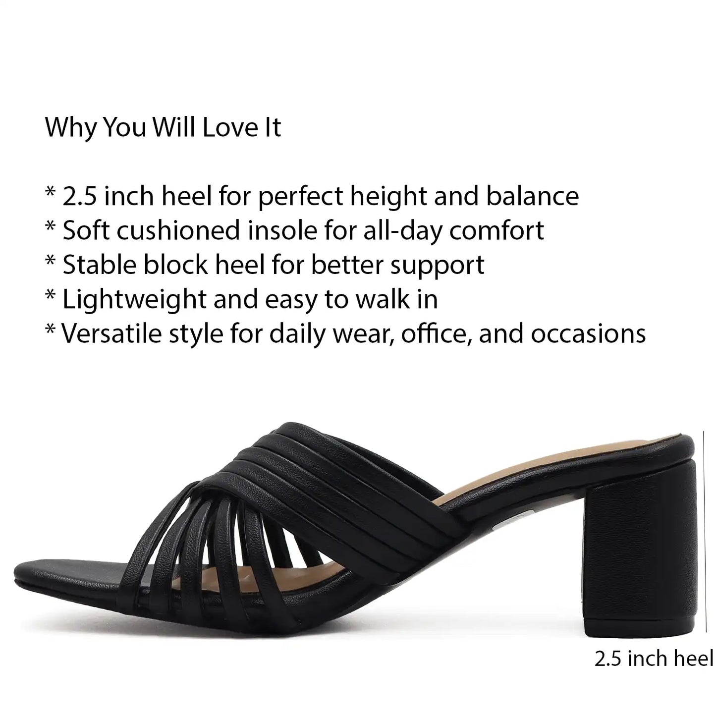 Black sandal with text highlighting features on a white background