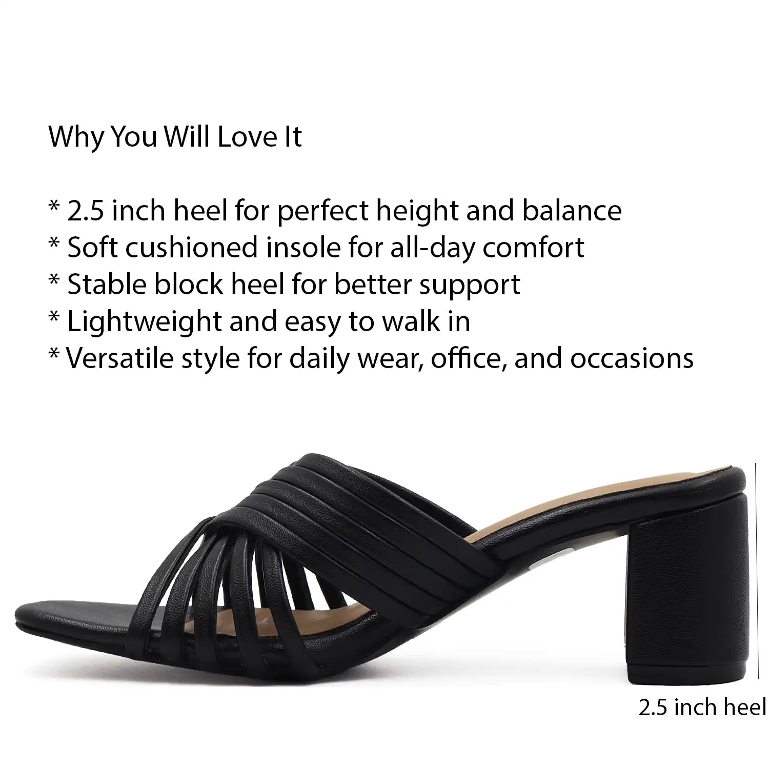 Black sandal with text highlighting features on a white background