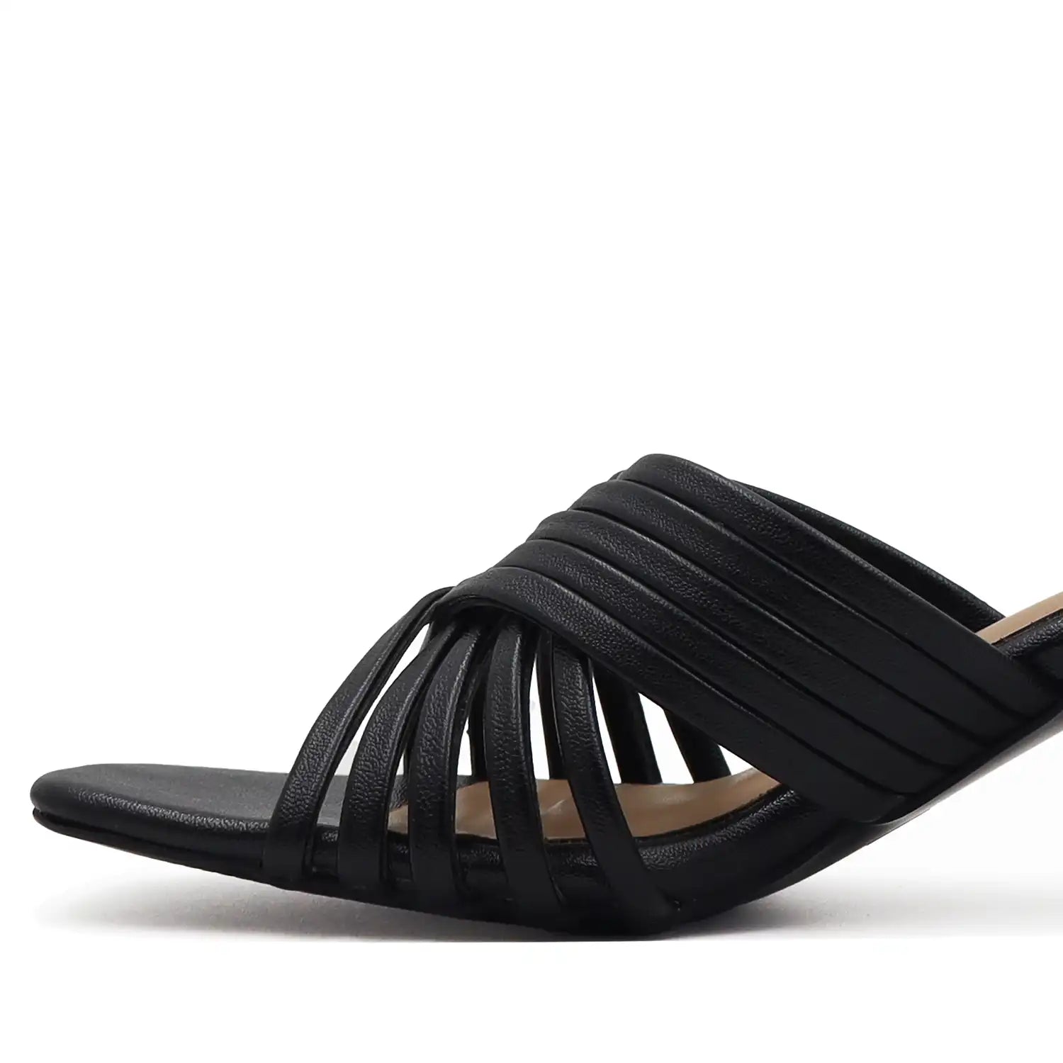 Close view black sandal with criss-cross straps