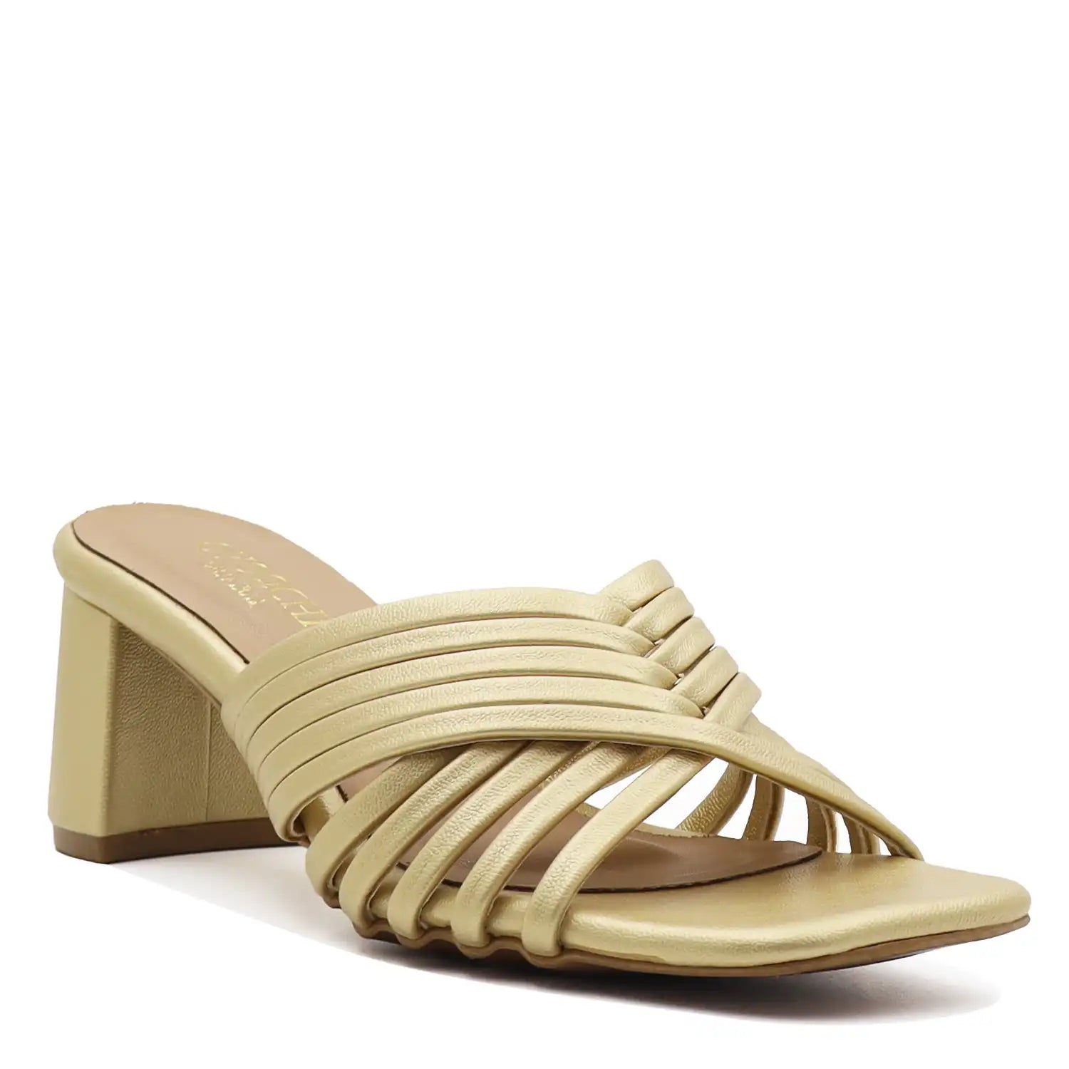 gold sandal with a block heel front view
