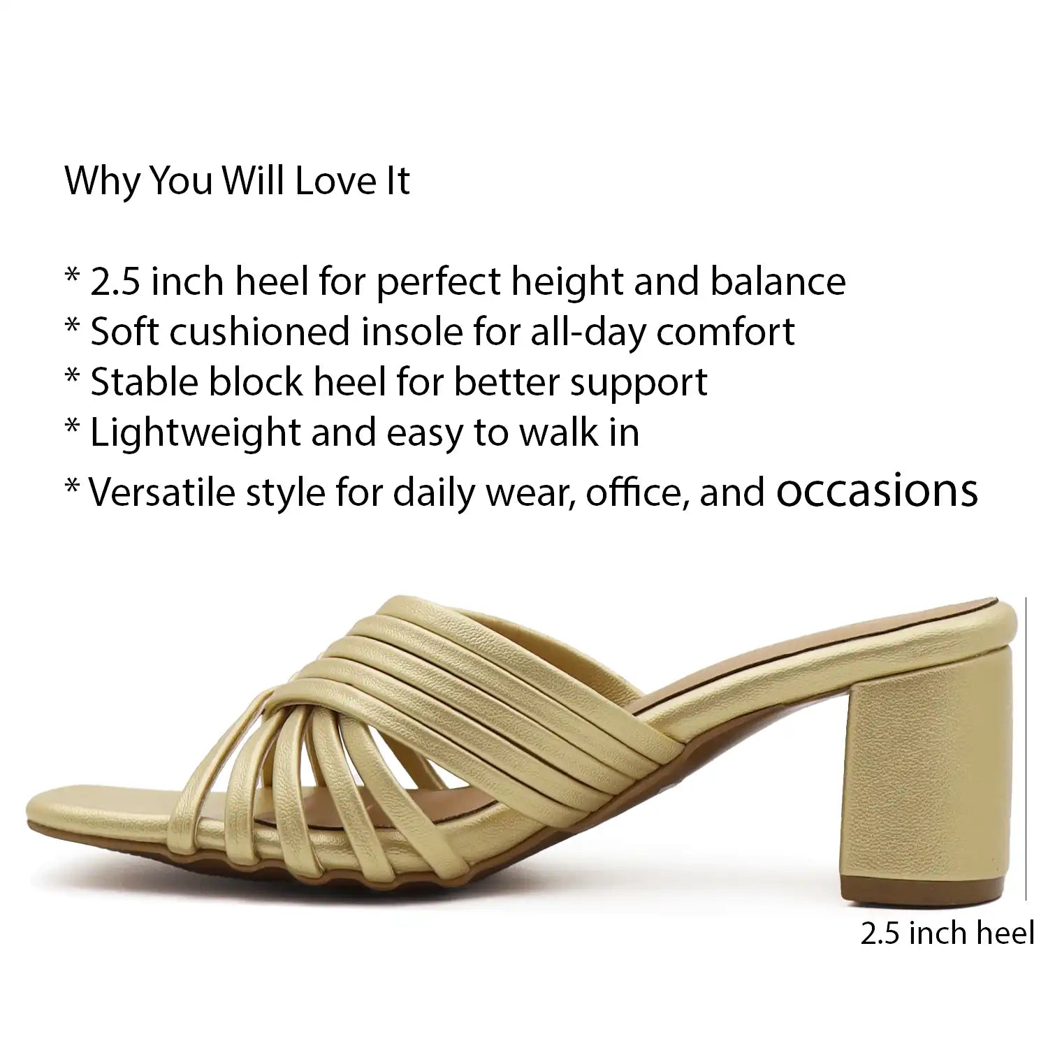 gold sandal with text highlighting features on a white background