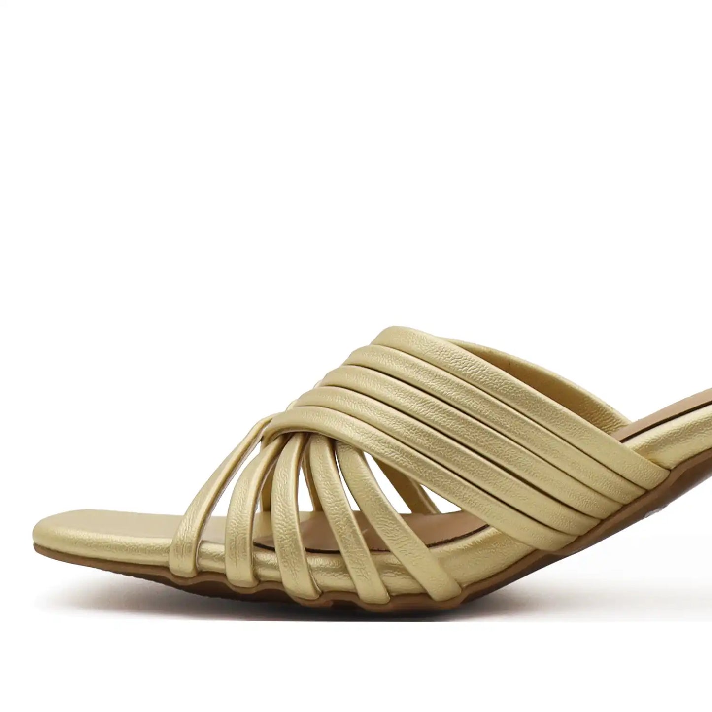 Close view of gold block heel sandals