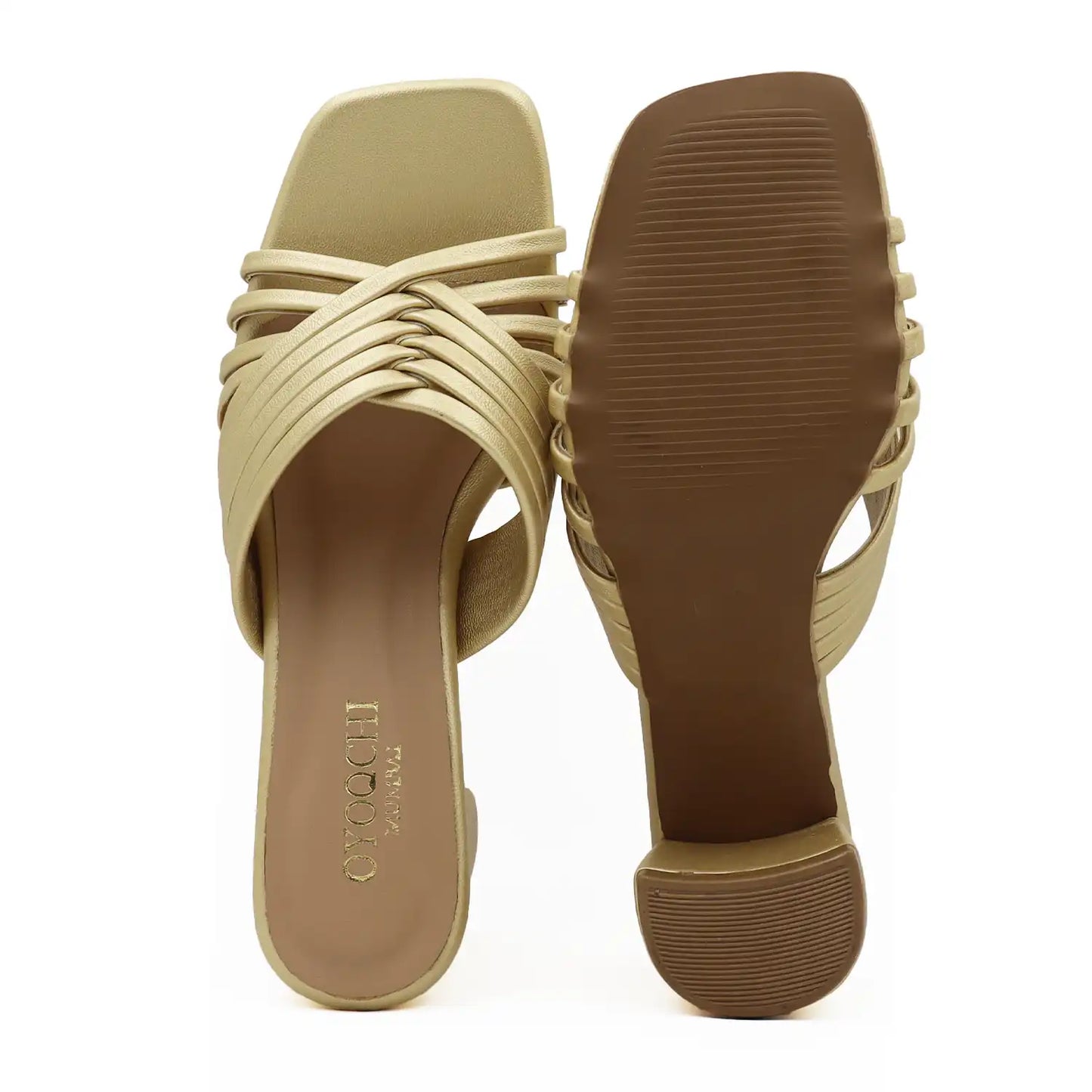 gold block heel sandal top and sole view