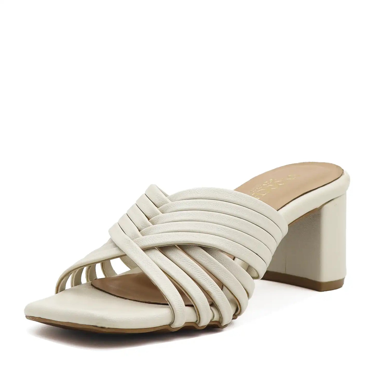 White sandal with a block heel on a white background