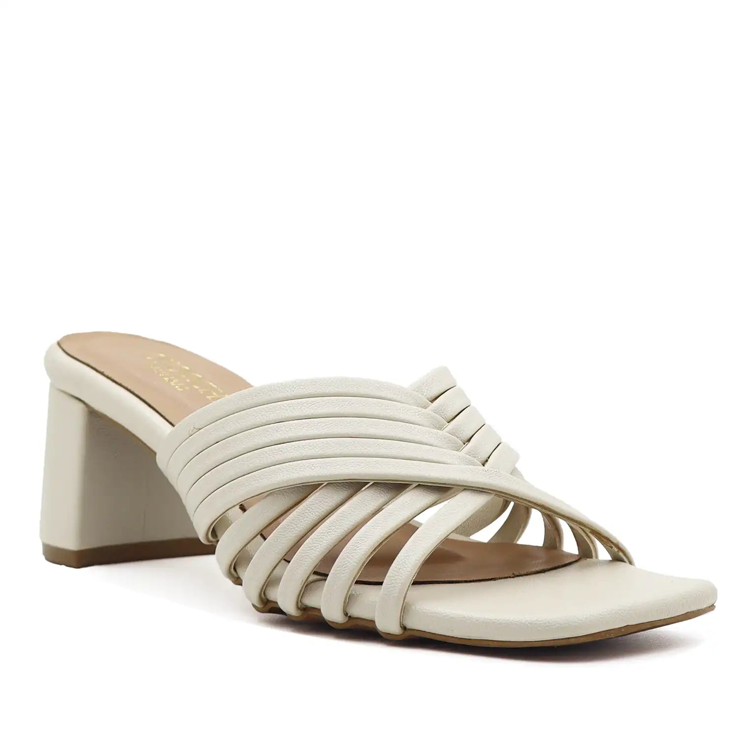 White sandal with a block heel left view