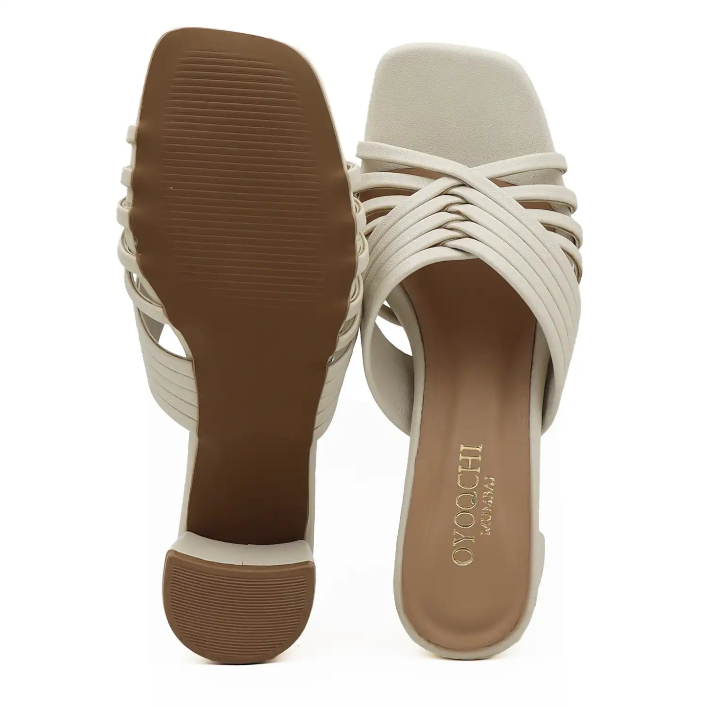 Pair of white block heel sandals sole and top view