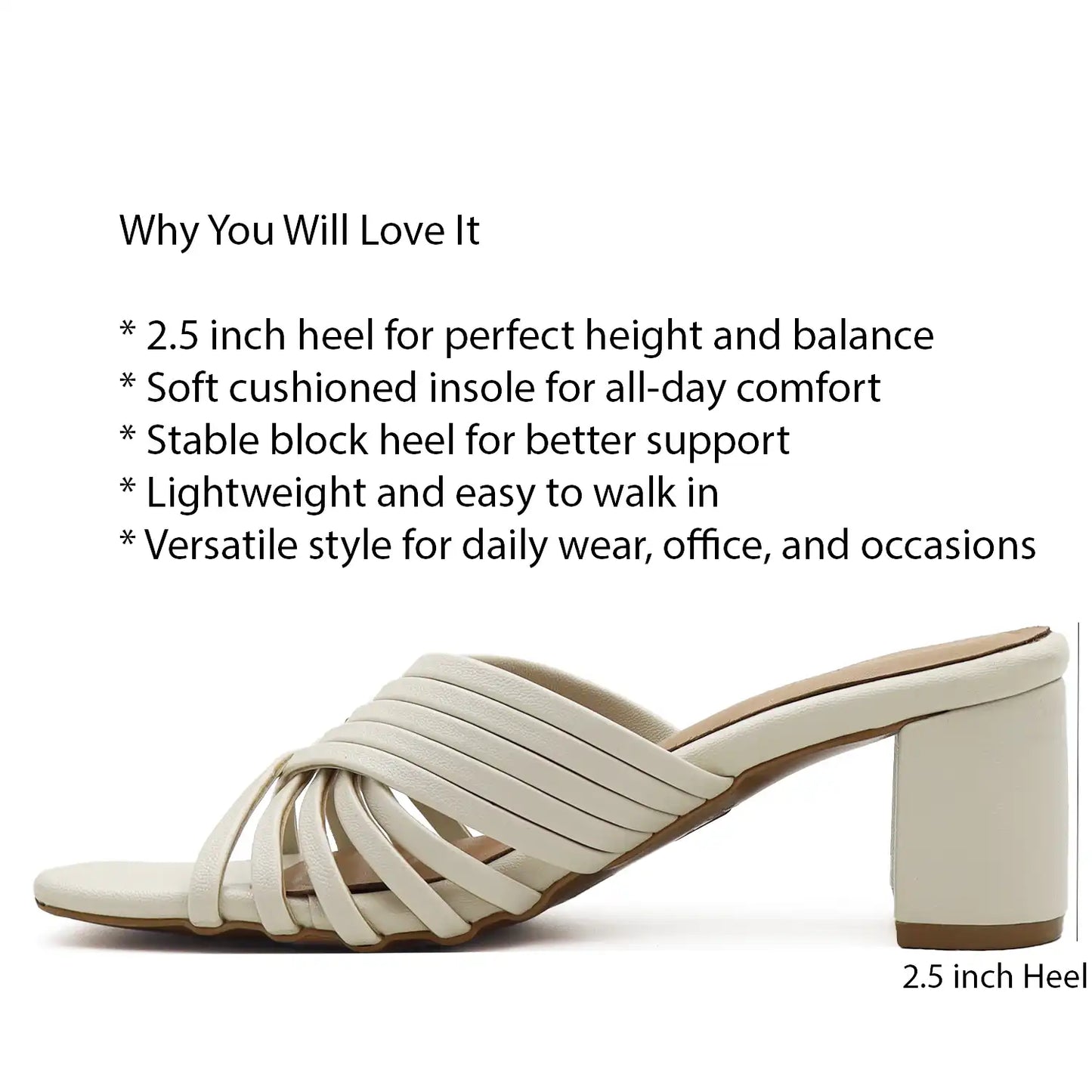 White sandal with text highlighting features on a white background