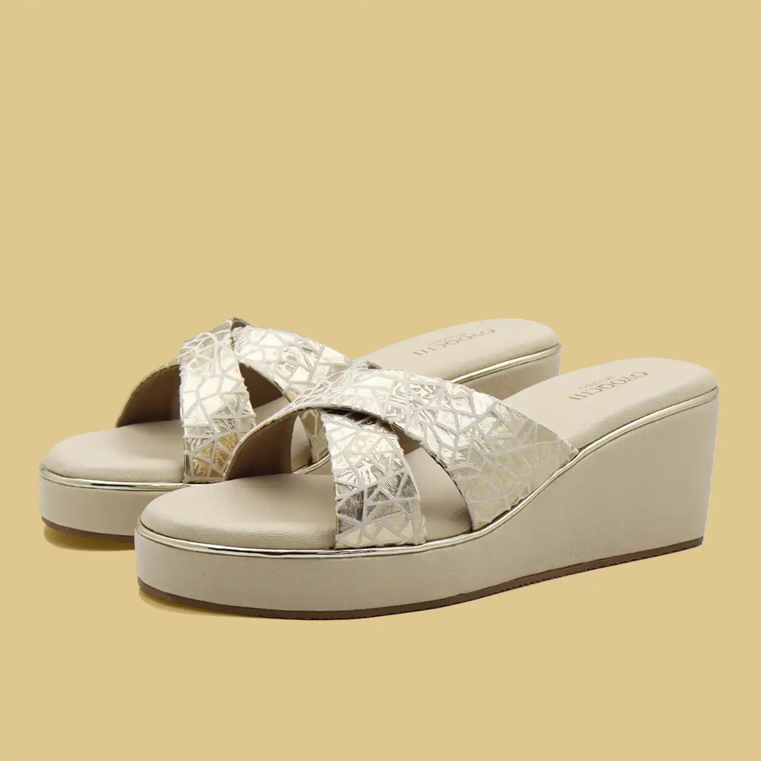 Beige criss-cross straps wedge sandals  for women pair view