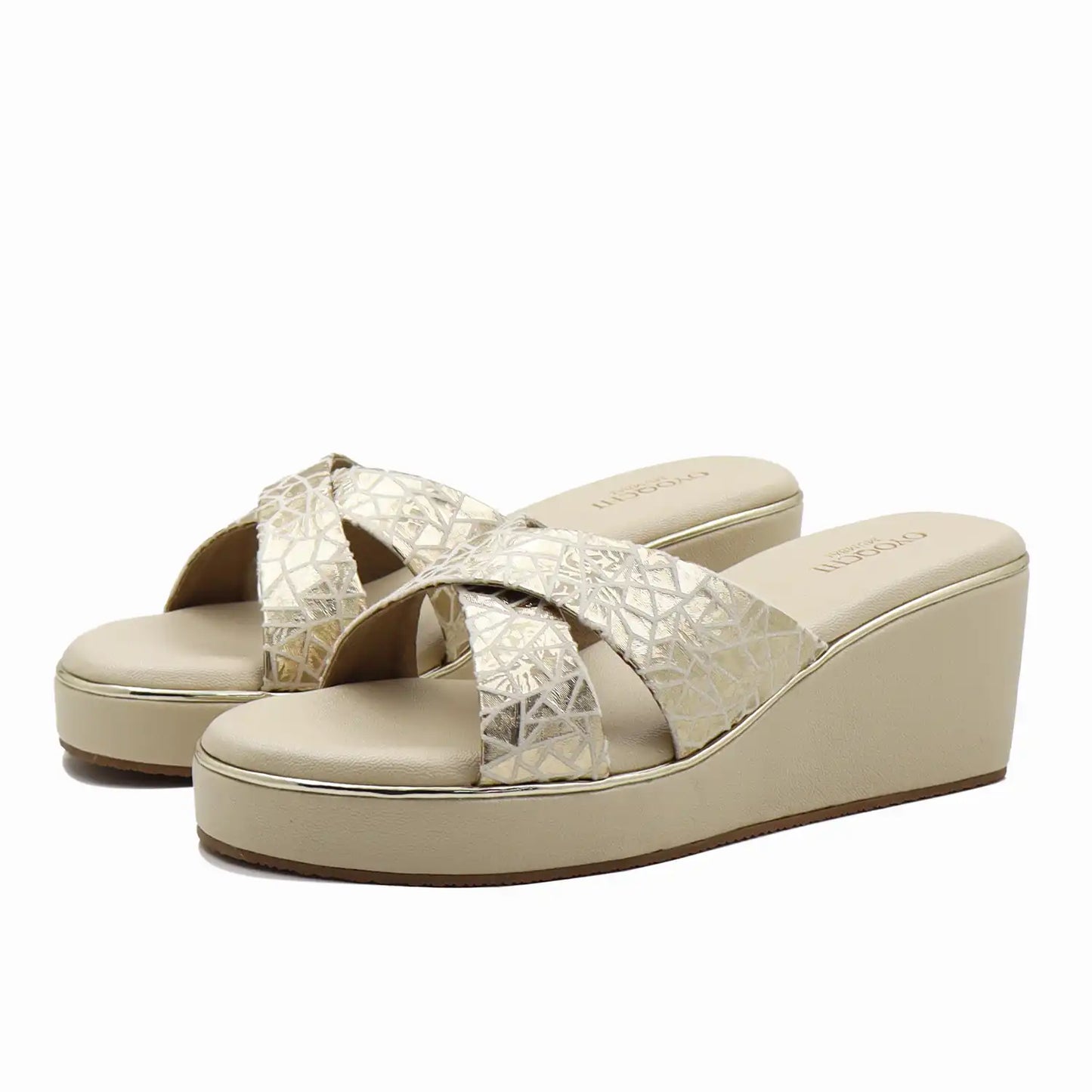 Beige criss-cross straps wedge sandals  for women front view