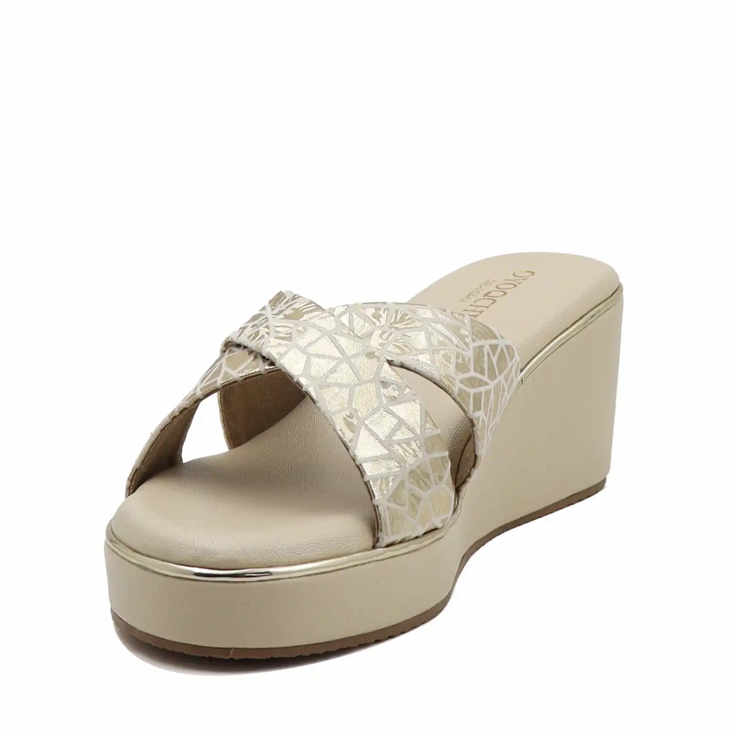 Beige criss-cross straps wedge sandals  for women side view