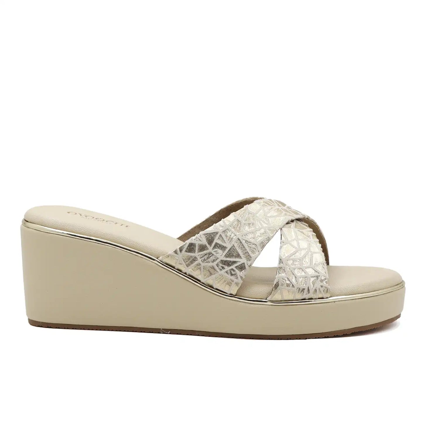 Beige criss-cross straps wedge sandals  for women side profile view