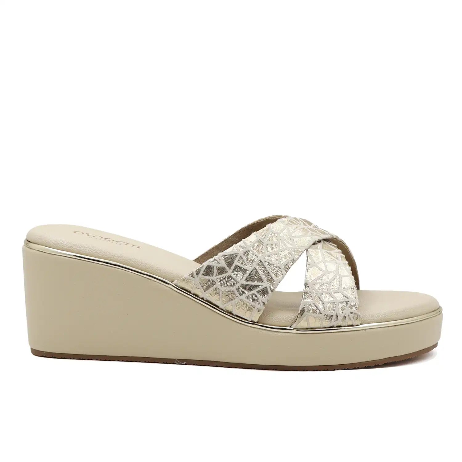 Beige criss-cross straps wedge sandals  for women side profile view