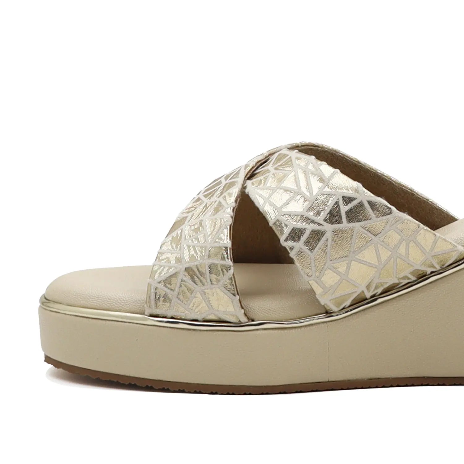 Close view of beige criss-cross straps wedge sandals  for women