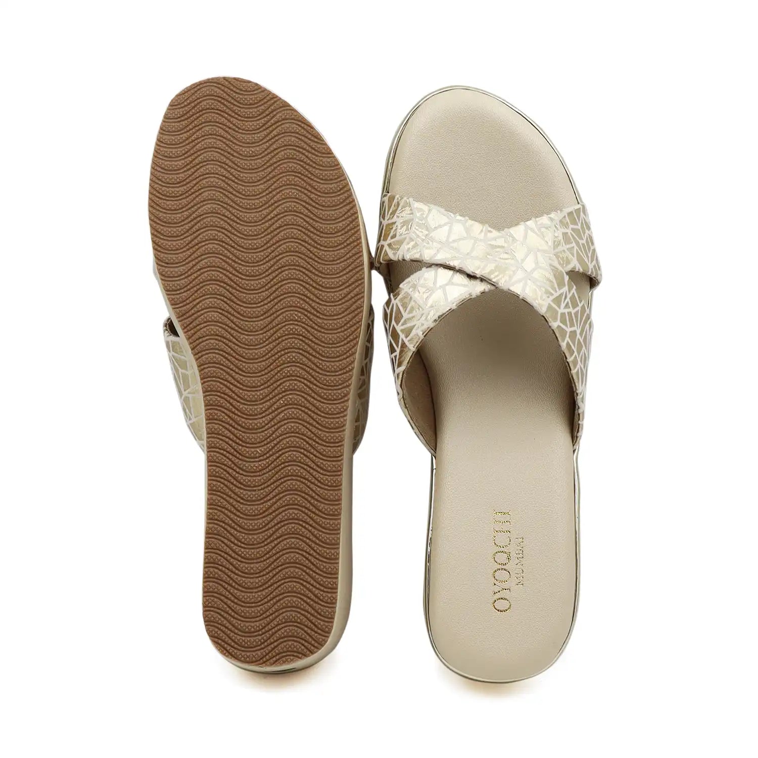 Beige criss-cross straps wedge sandals  for women sole and top view