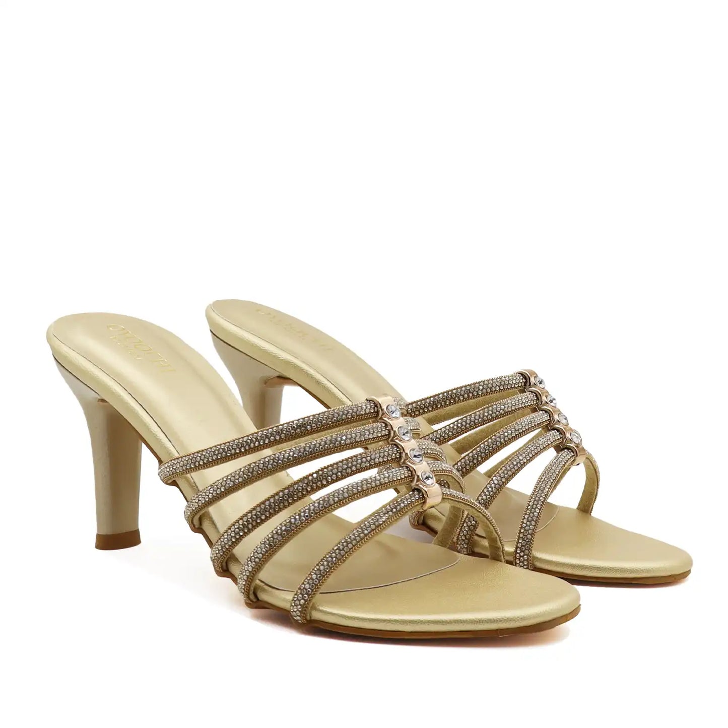 Women's strappy gold pencil heel sandals with delicate thin straps, pair view