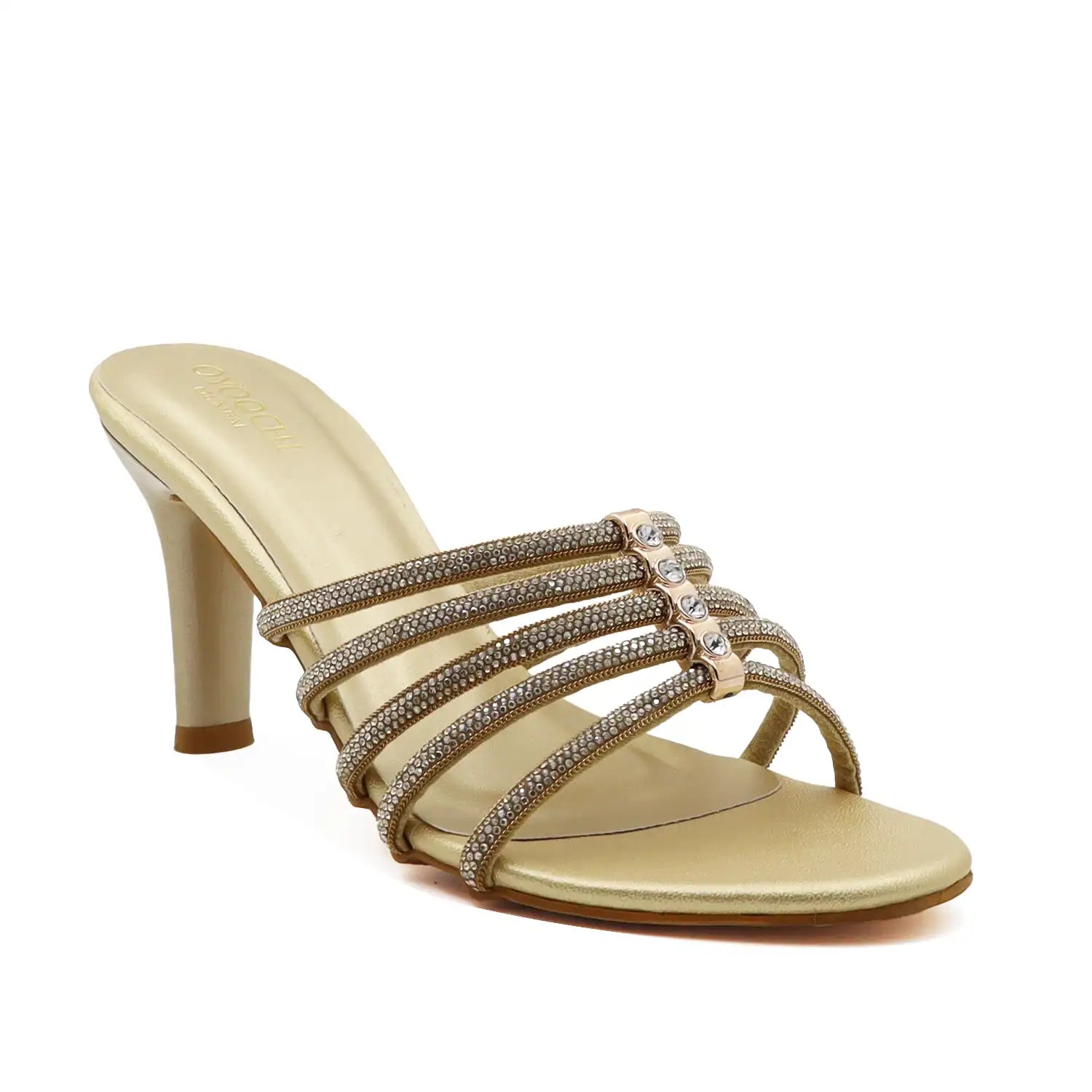 Women's strappy gold pencil heel sandals with delicate thin straps, angled view