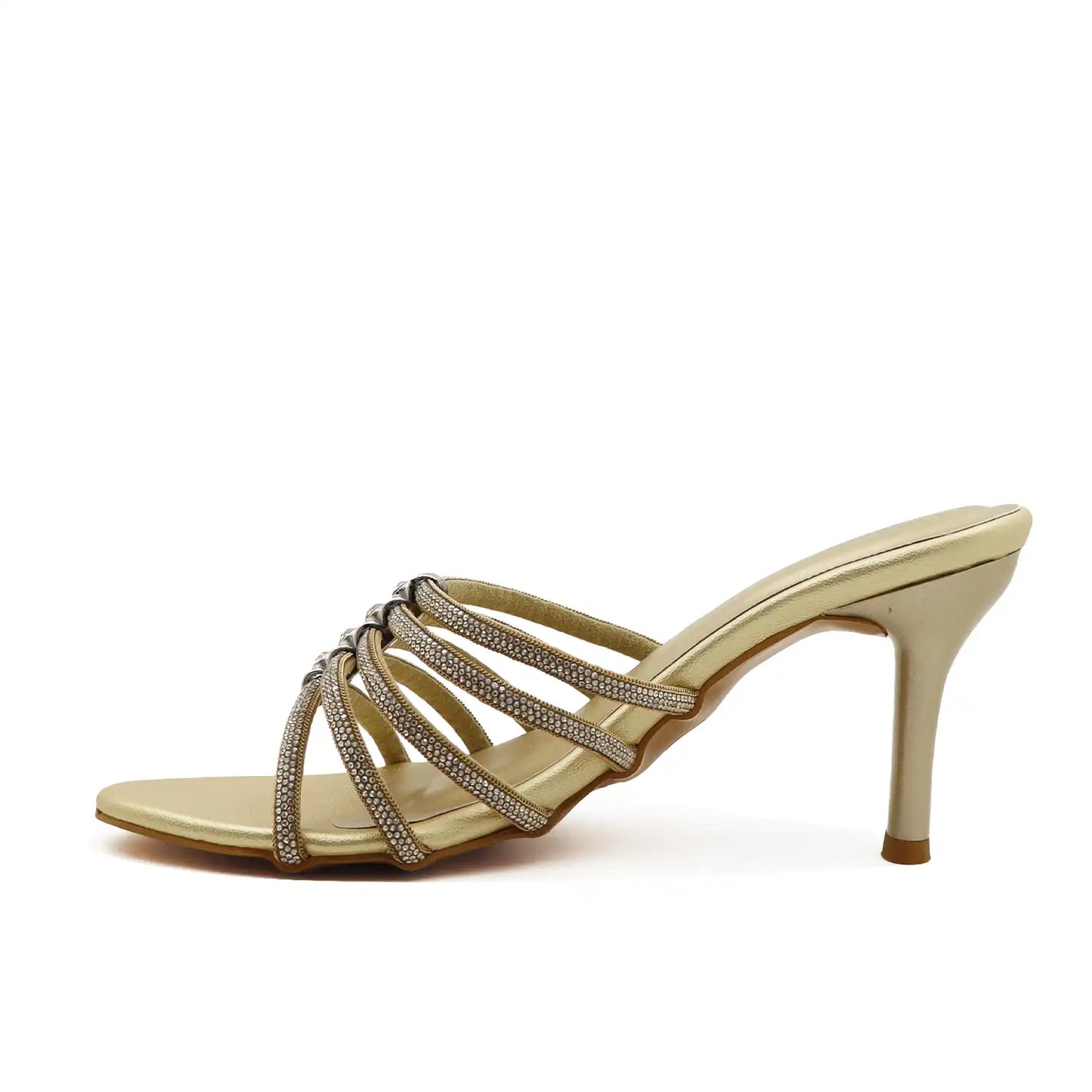 Women's strappy gold pencil heel sandals with delicate thin straps, side view