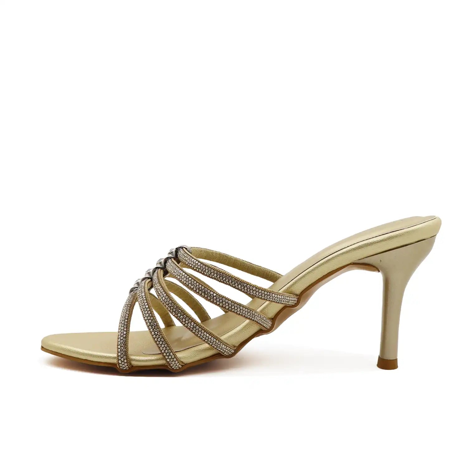 Women's strappy gold pencil heel sandals with delicate thin straps, side view