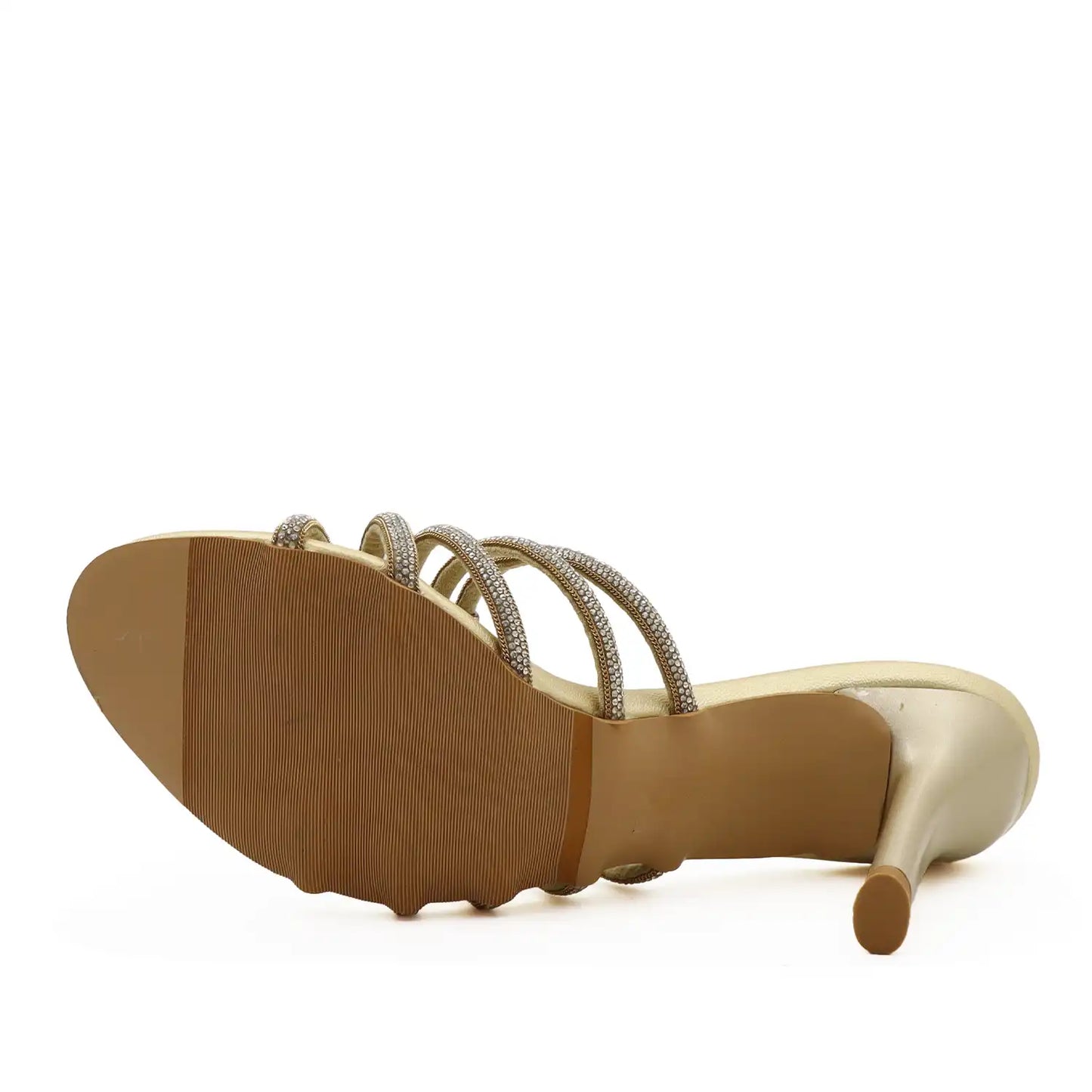 Women's strappy gold pencil heel sandals with delicate thin straps, sole view