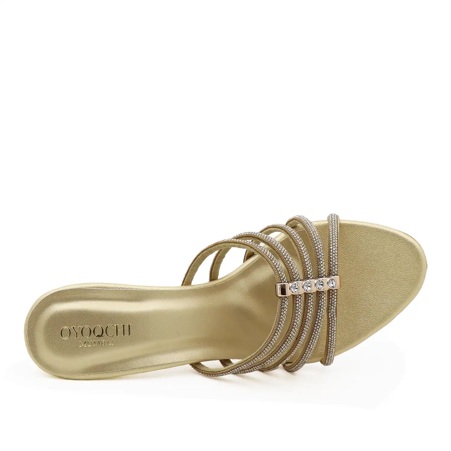 Women's strappy gold pencil heel sandals with delicate thin straps, top view