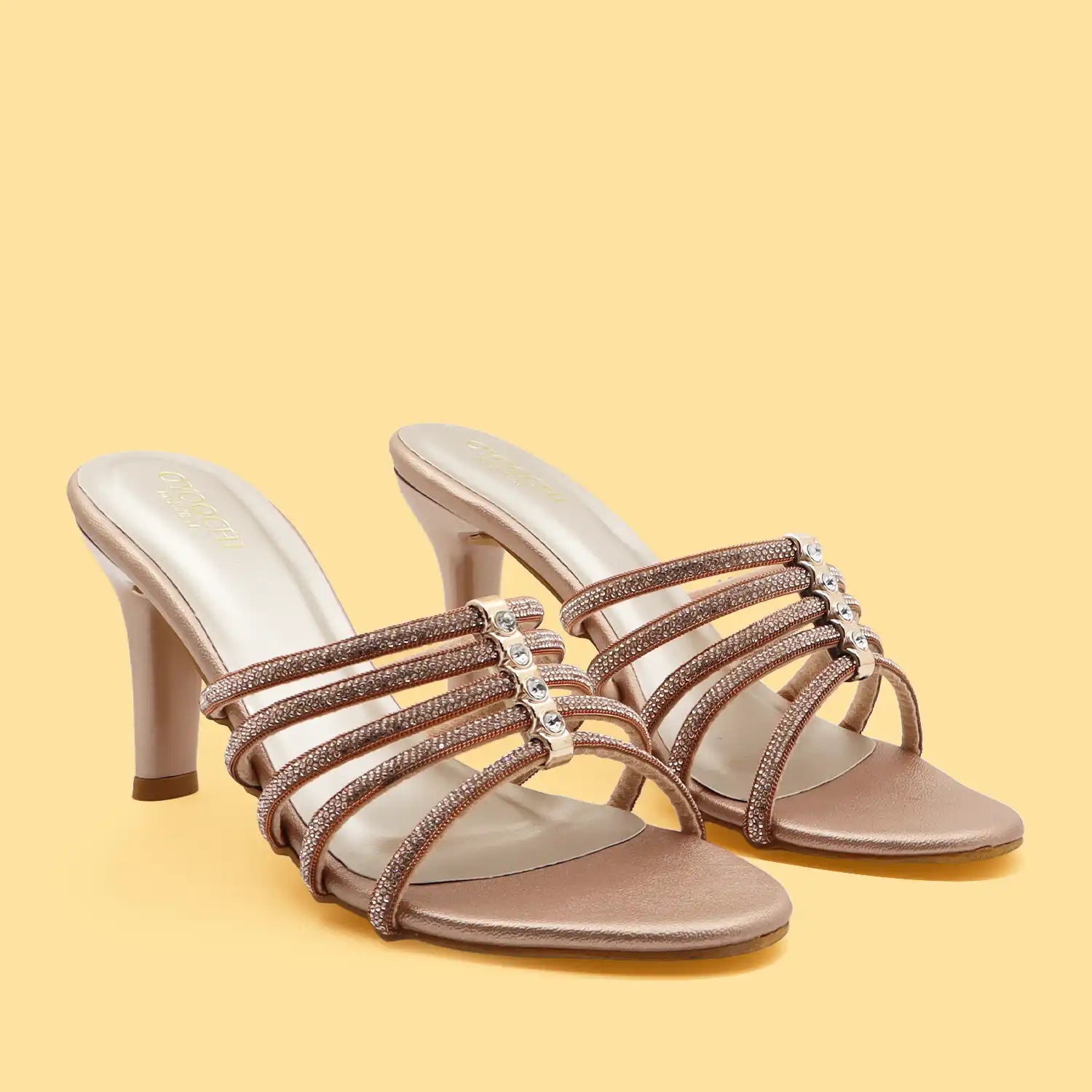 Women's strappy rose gold pencil heel sandals with delicate thin straps, main image