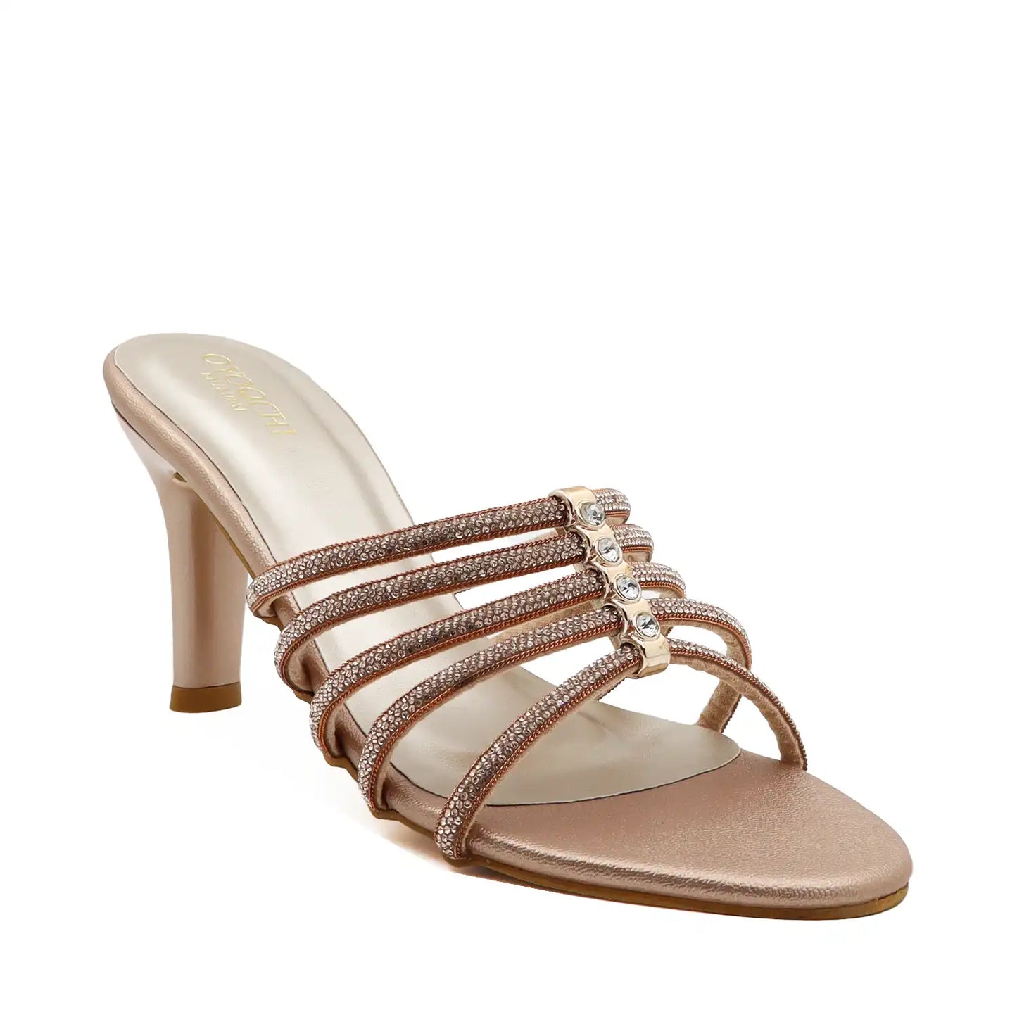 Women's strappy rose gold pencil heel sandals with delicate thin straps, angled view