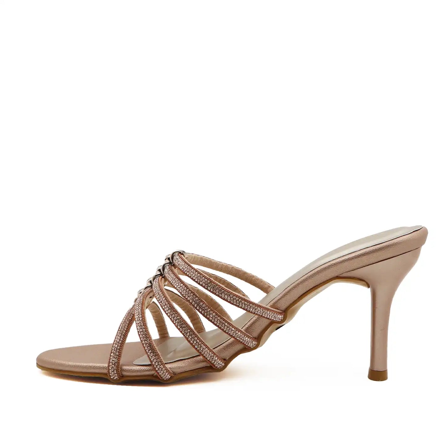 Women's strappy rose gold pencil heel sandals with delicate thin straps, side profile view