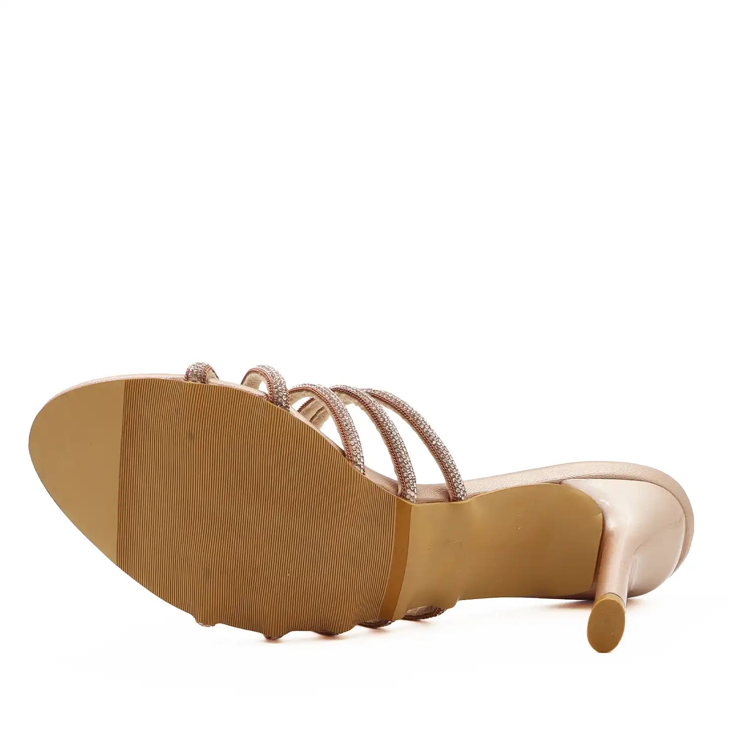 Women's strappy rose gold pencil heel sandals with delicate thin straps, sole view