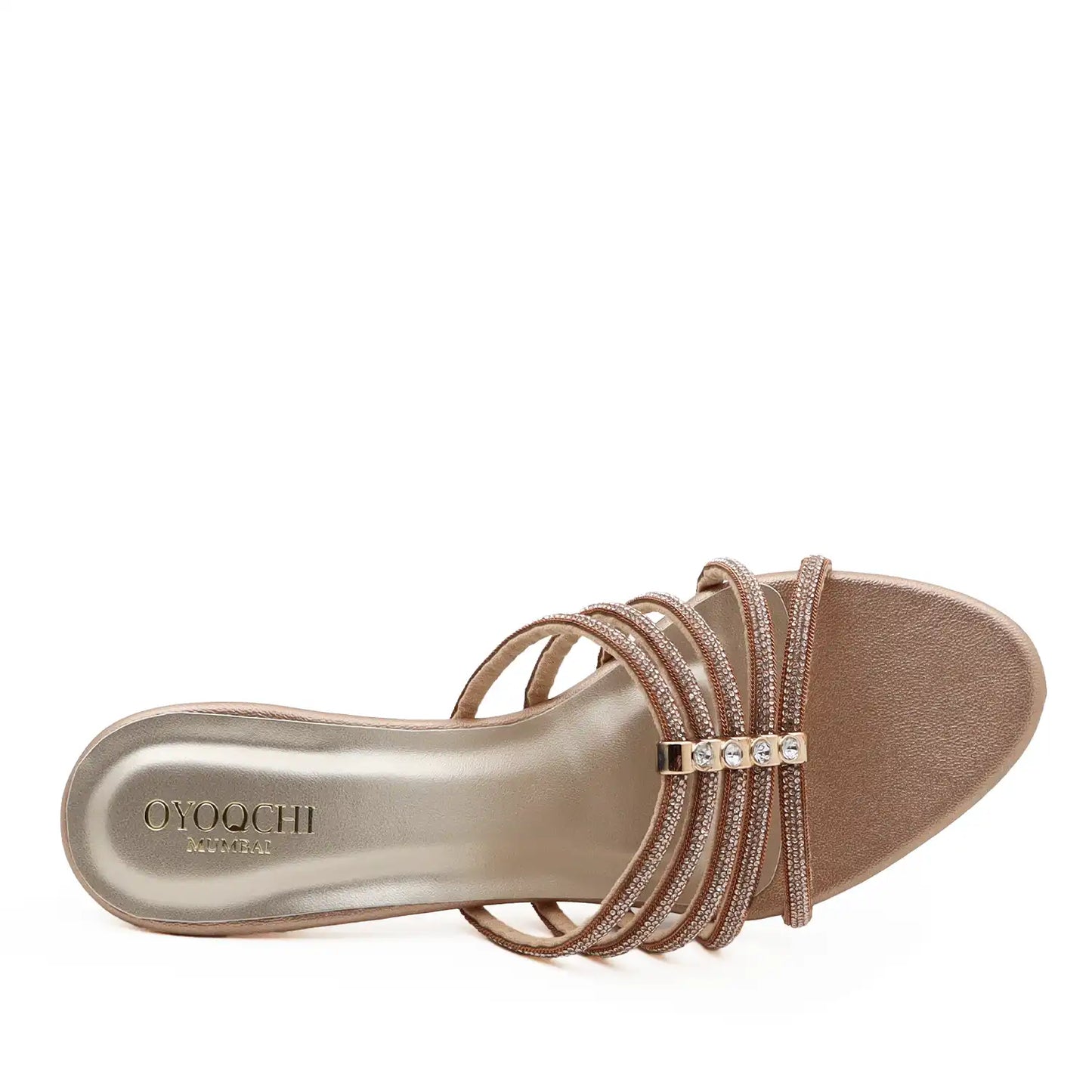 Women's strappy rose gold pencil heel sandals with delicate thin straps, top view