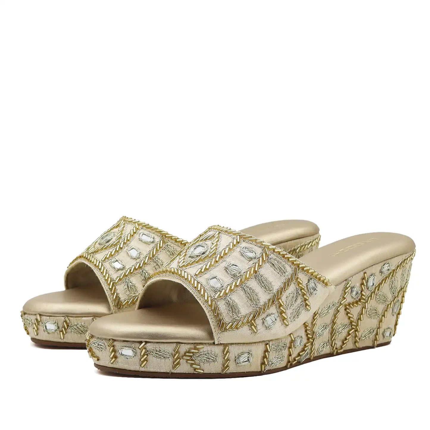 Women's ethnic gold wedge sandals, pair view