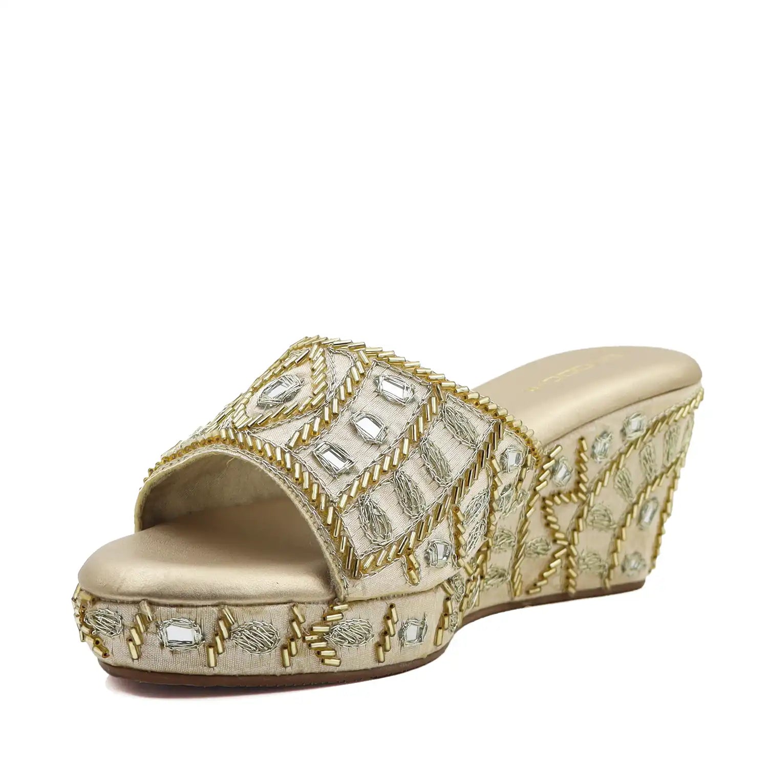 Women's ethnic gold wedge sandals, side view