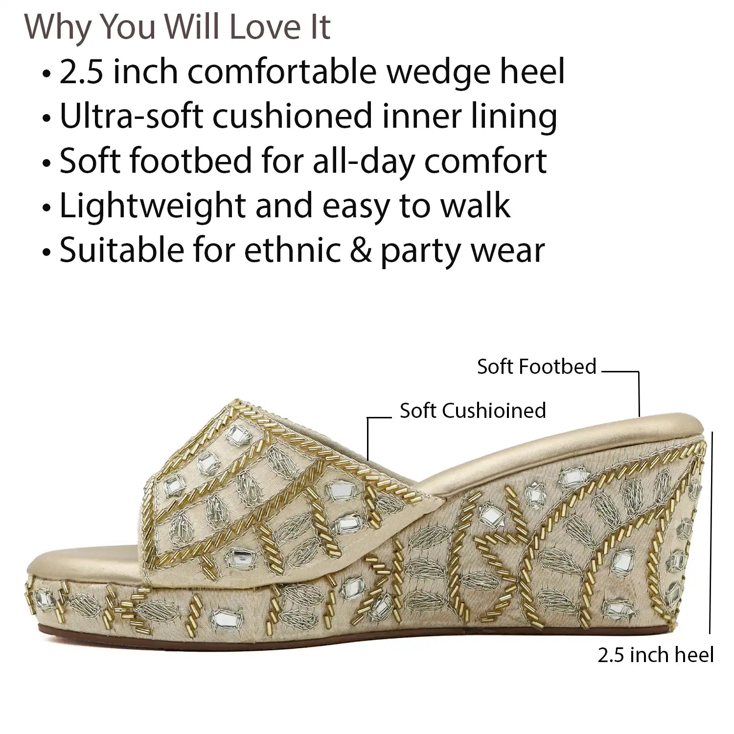 Women's ethnic gold wedge sandals with 2.5 inch heel, cushioned footbed and soft lining