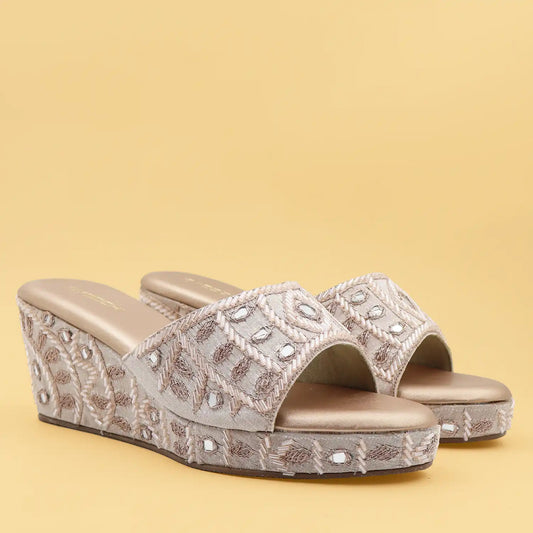 Women's rose gold ethnic wedge sandals with cushioned footbed and lining