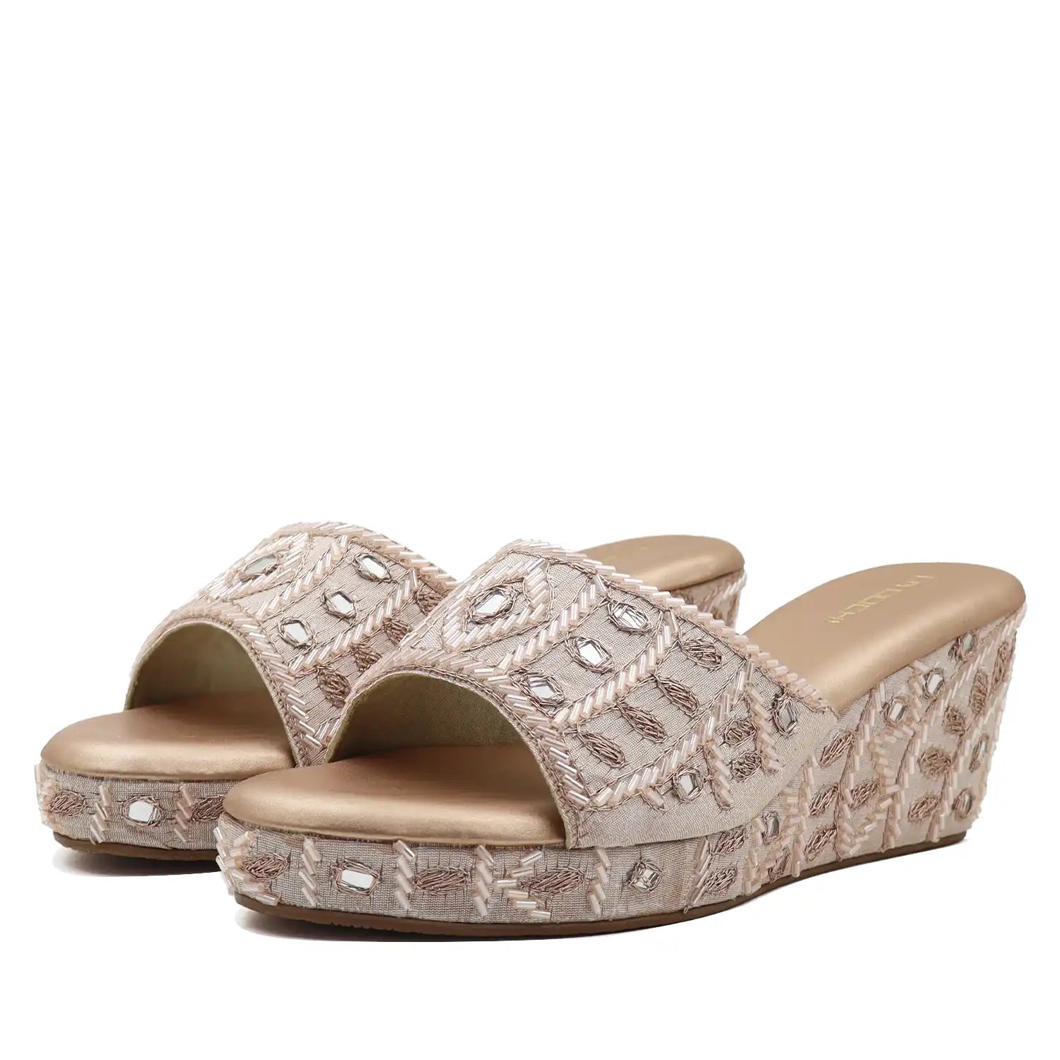 Women's ethnic rose gold wedge sandals, pair view