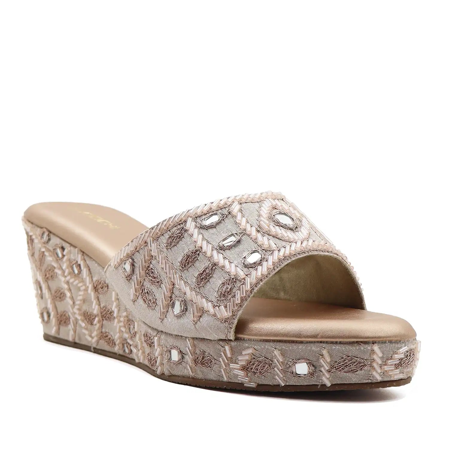 Women's ethnic rose gold wedge sandals, side view