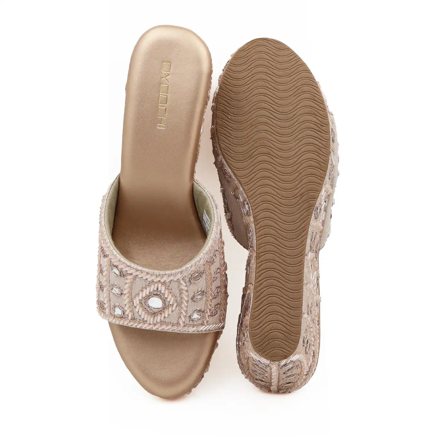 Sole and top view of women's ethnic rose gold wedge sandals