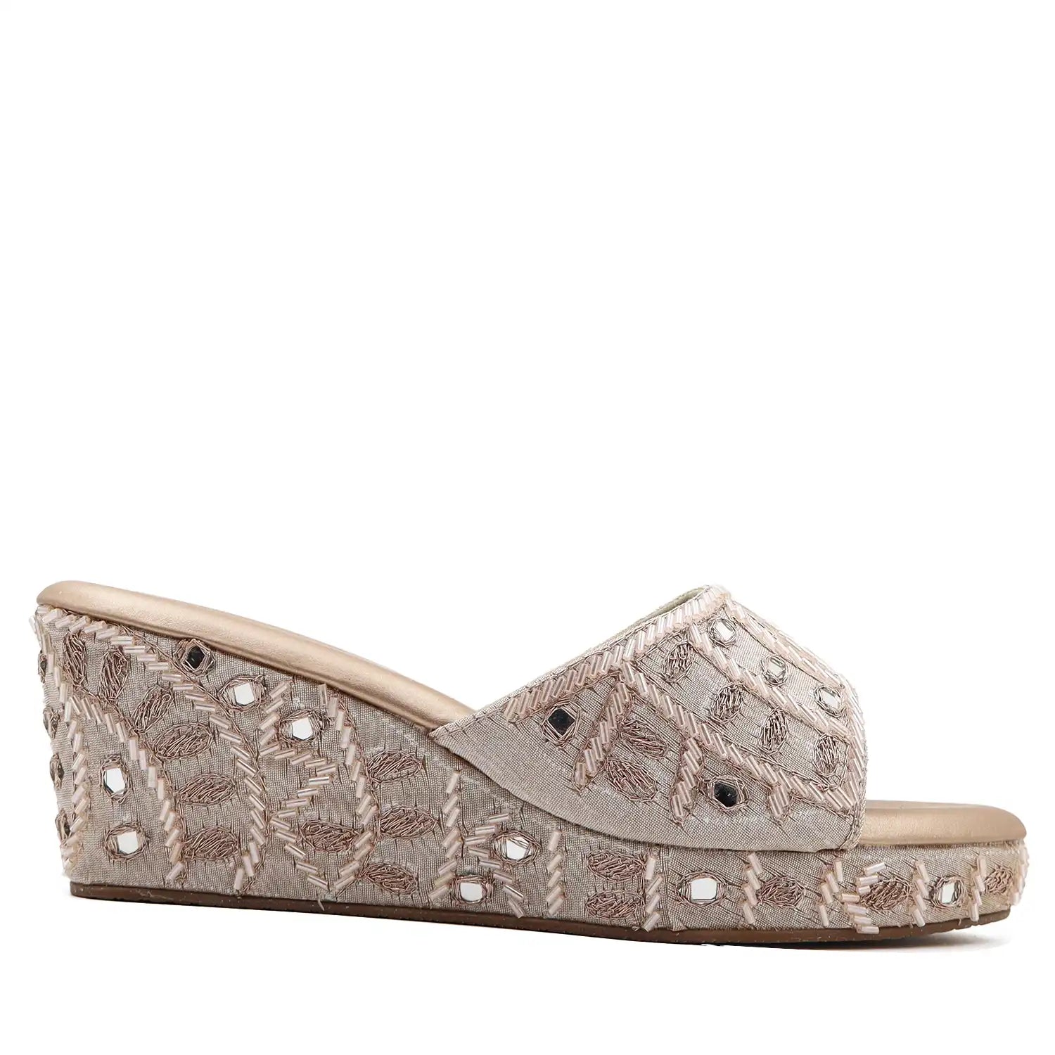 Women's ethnic rose gold wedge sandals, side profile view