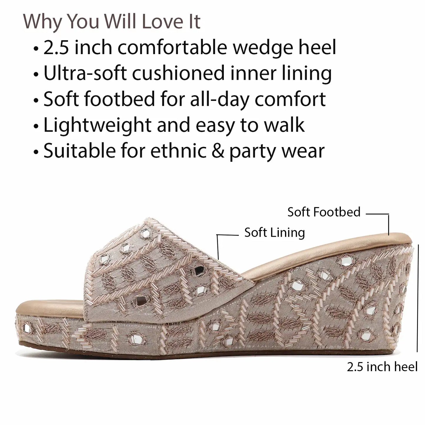 Women's ethnic rose gold wedge sandals with 2.5 inch heel, soft cushioned, light weight design.