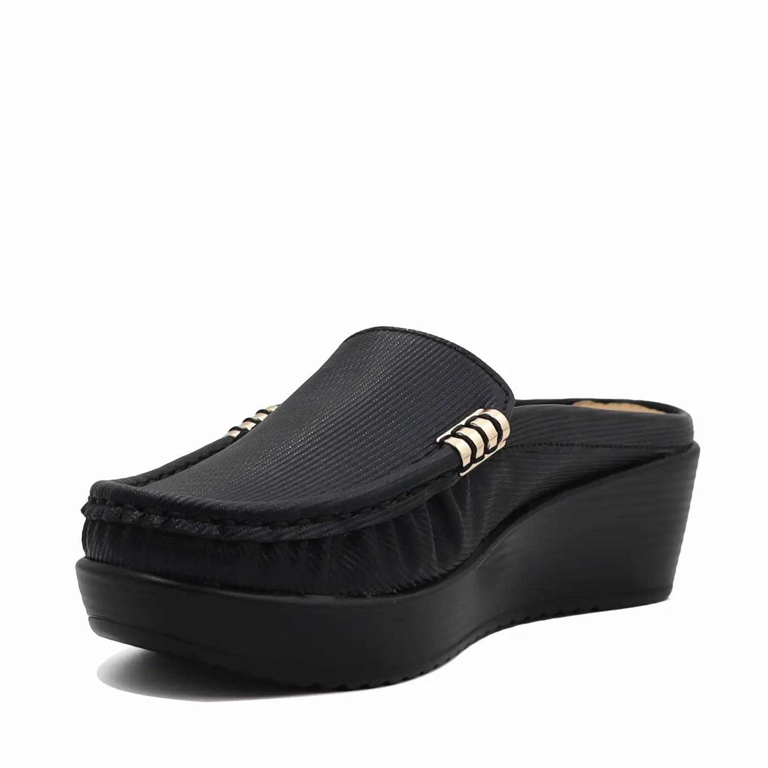 Black women’s mule loafers side angled view