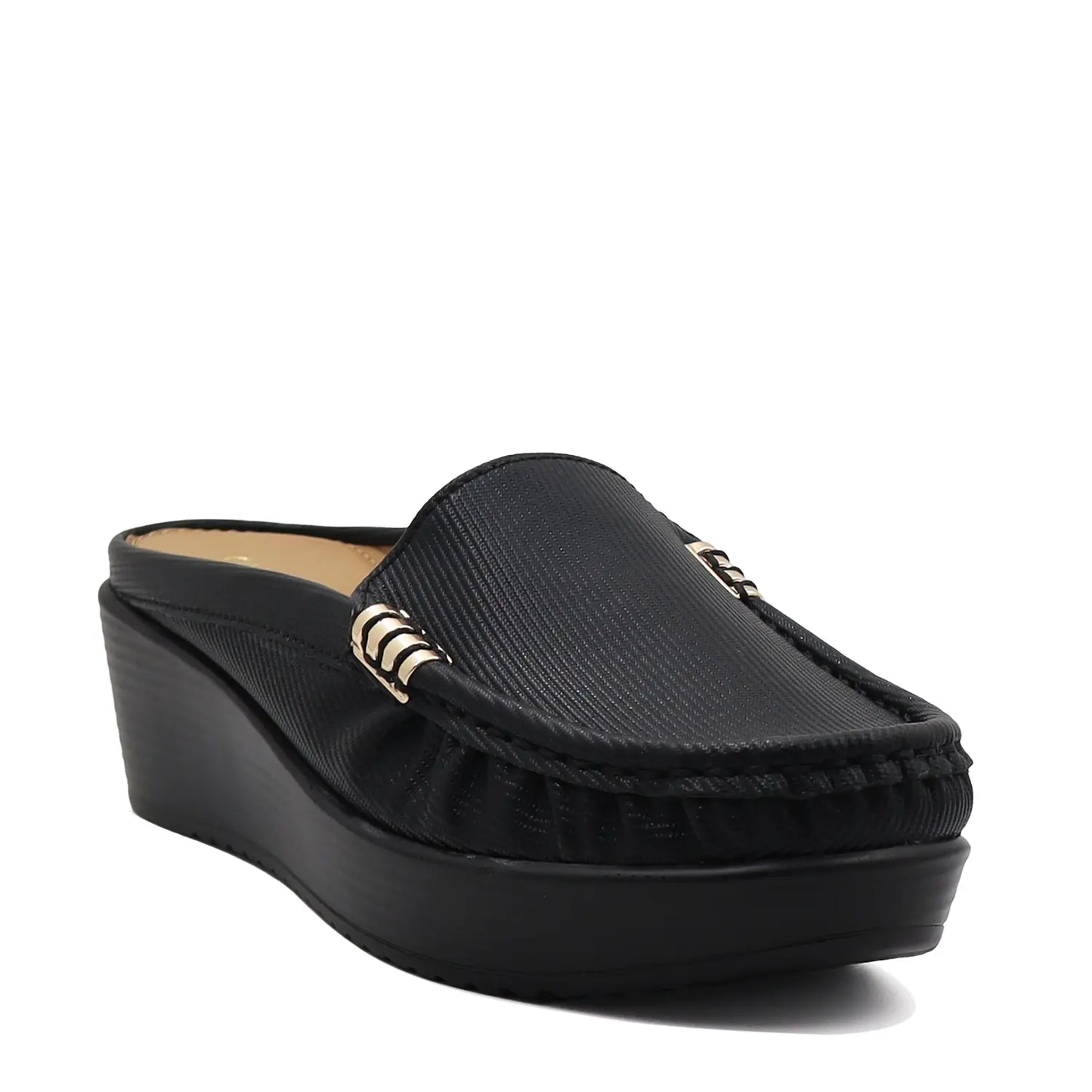 Black women’s mule loafers angled view